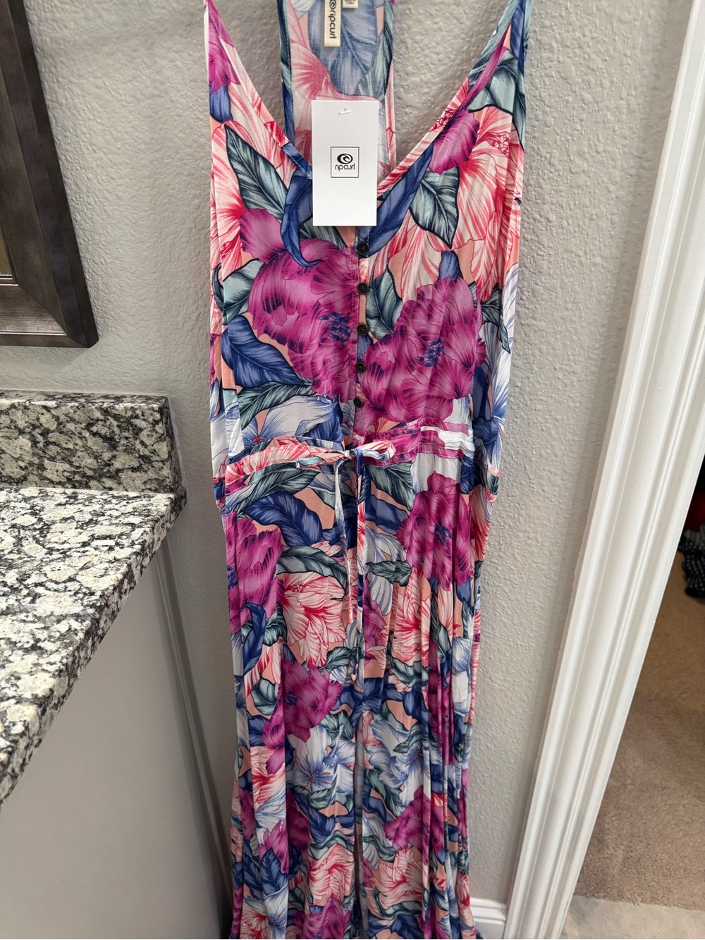 NWT Rip Curl Tropical Floral Maxi Dress Pink Blue Size M
